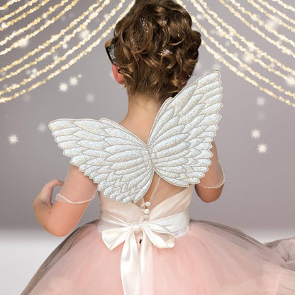 Little Girl Costume Glitter Wings, silver sparkly fairy wings with scalloped edges on Tampa Home & Garden Store