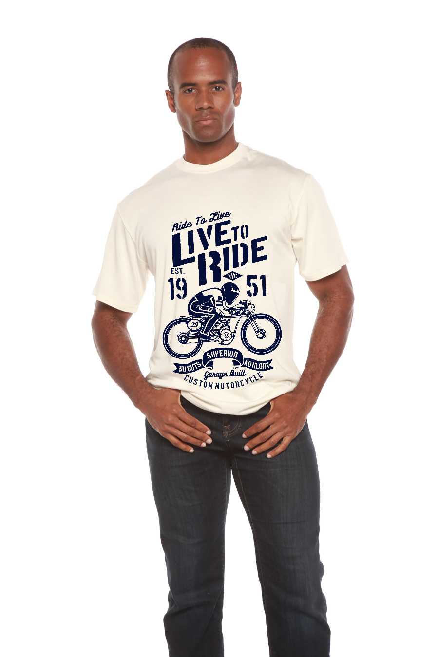 Live To Ride men's bamboo viscose/organic cotton tee cream with navy bike print Spun Bamboo on Tampa Home & Garden Store