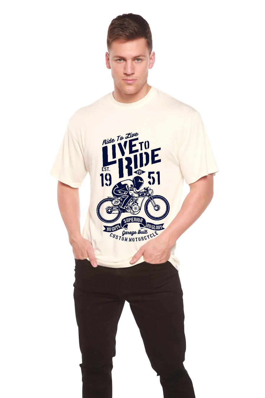 Live To Ride men's bamboo viscose/organic cotton shirt with navy motorcycle Spun Bamboo on Tampa Home & Garden Store
