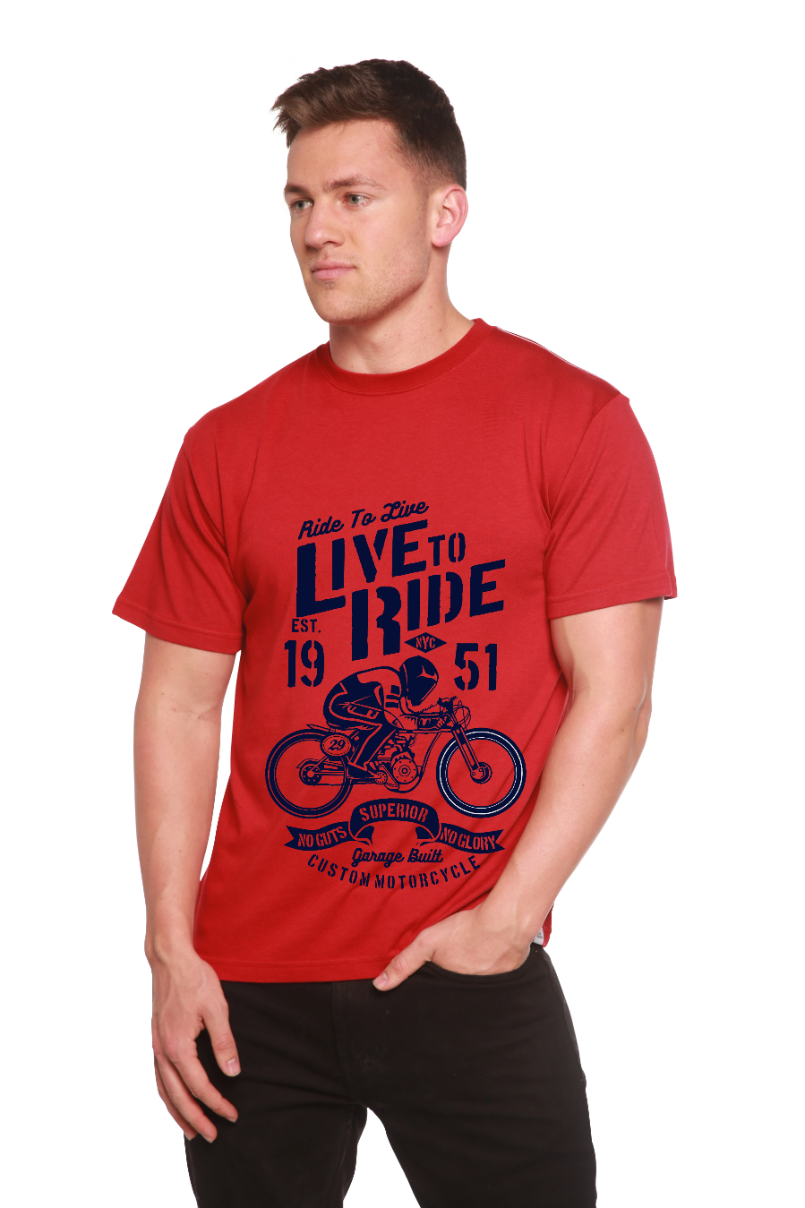 Live To Ride men's red bamboo viscose short sleeve graphic T-shirt on Tampa Home & Garden Store