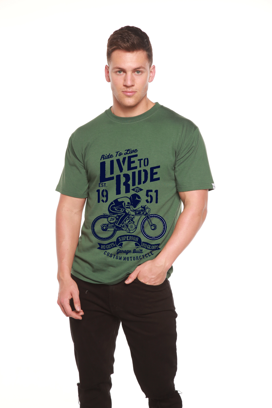 Live To Ride men's bamboo viscose/organic cotton graphic tee olive green, Spun Bamboo on Tampa Home & Garden Store