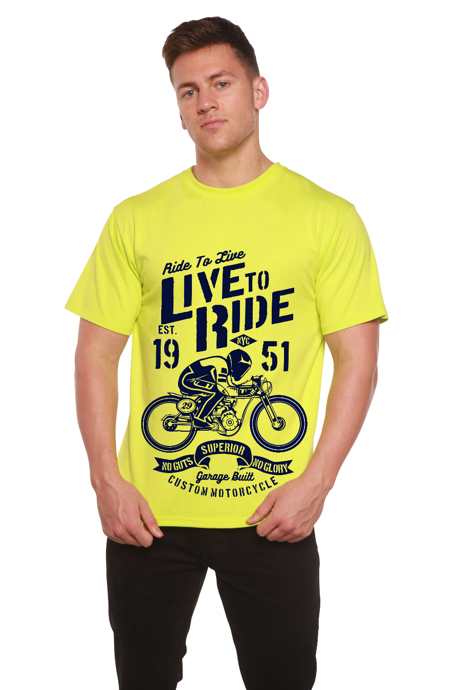 Live To Ride men's neon yellow graphic T-shirt by Spun Bamboo with motorcycle art short sleeves on Tampa Home & Garden Store