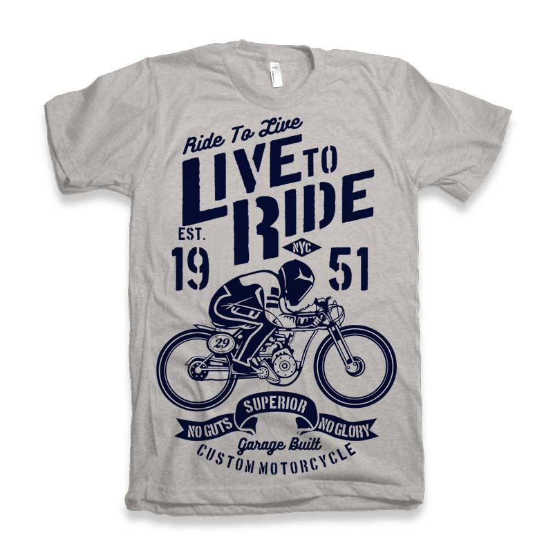 Live To Ride men's graphic T-shirt in light gray with navy motorcycle print by Spun Bamboo on Tampa Home & Garden Store