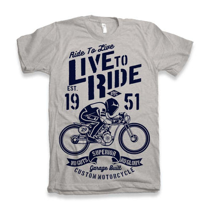 Live To Ride men's graphic T-shirt in light gray with navy motorcycle print by Spun Bamboo on Tampa Home & Garden Store