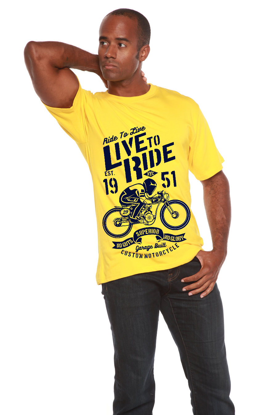 Live To Ride men's Bamboo Viscose/Organic Cotton tee yellow motorcycle print on Tampa Home & Garden Store