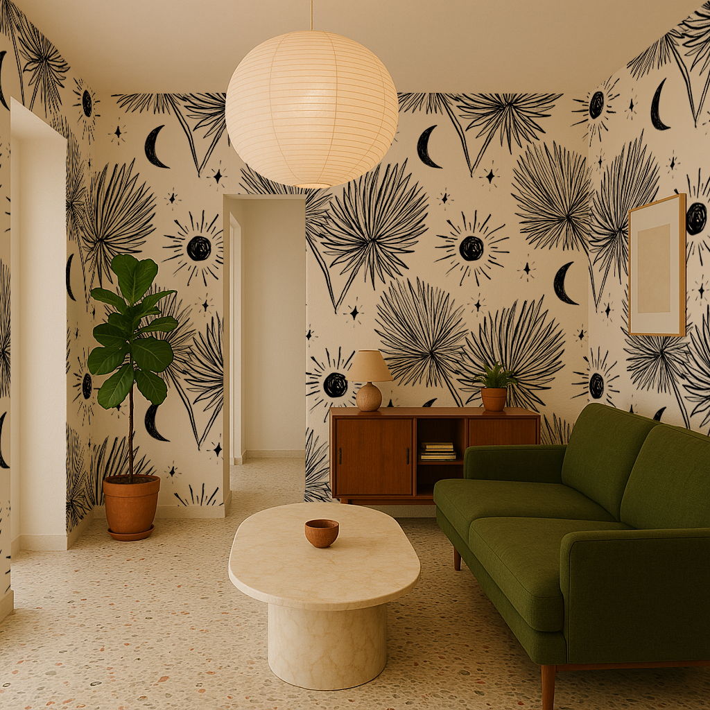 Papier peint Night Palm, blanc et noir