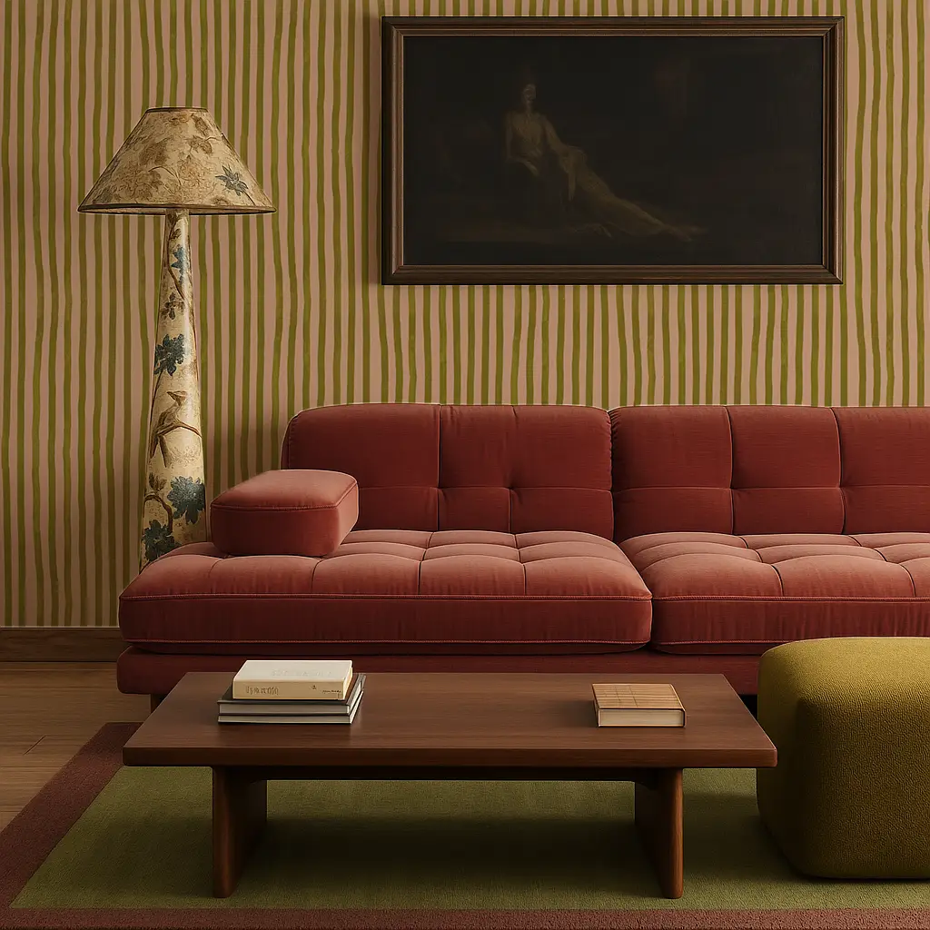 Wallpaper Dolce Stripe Peach and Chartreuse by Samantha Santana Creative, vertical striped wall on Tampa Home & Garden Store