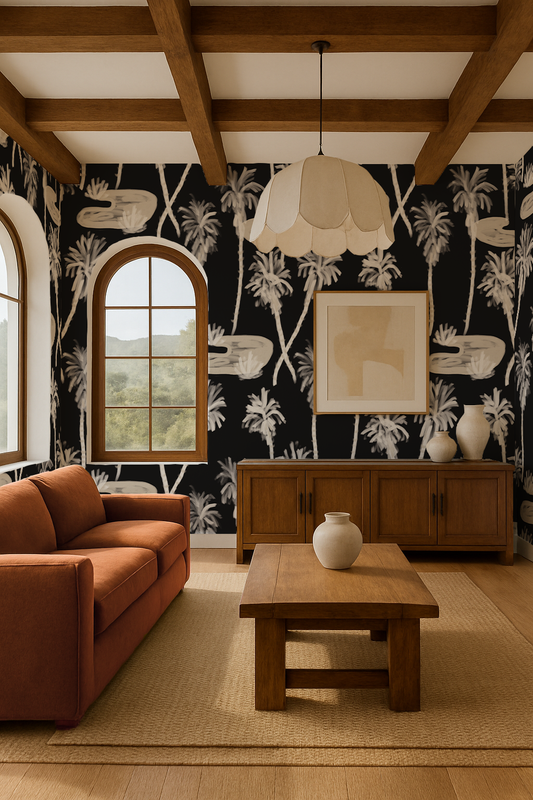 Palm Oasis Wallpaper, black and off-white - Tampa Home & Garden Store