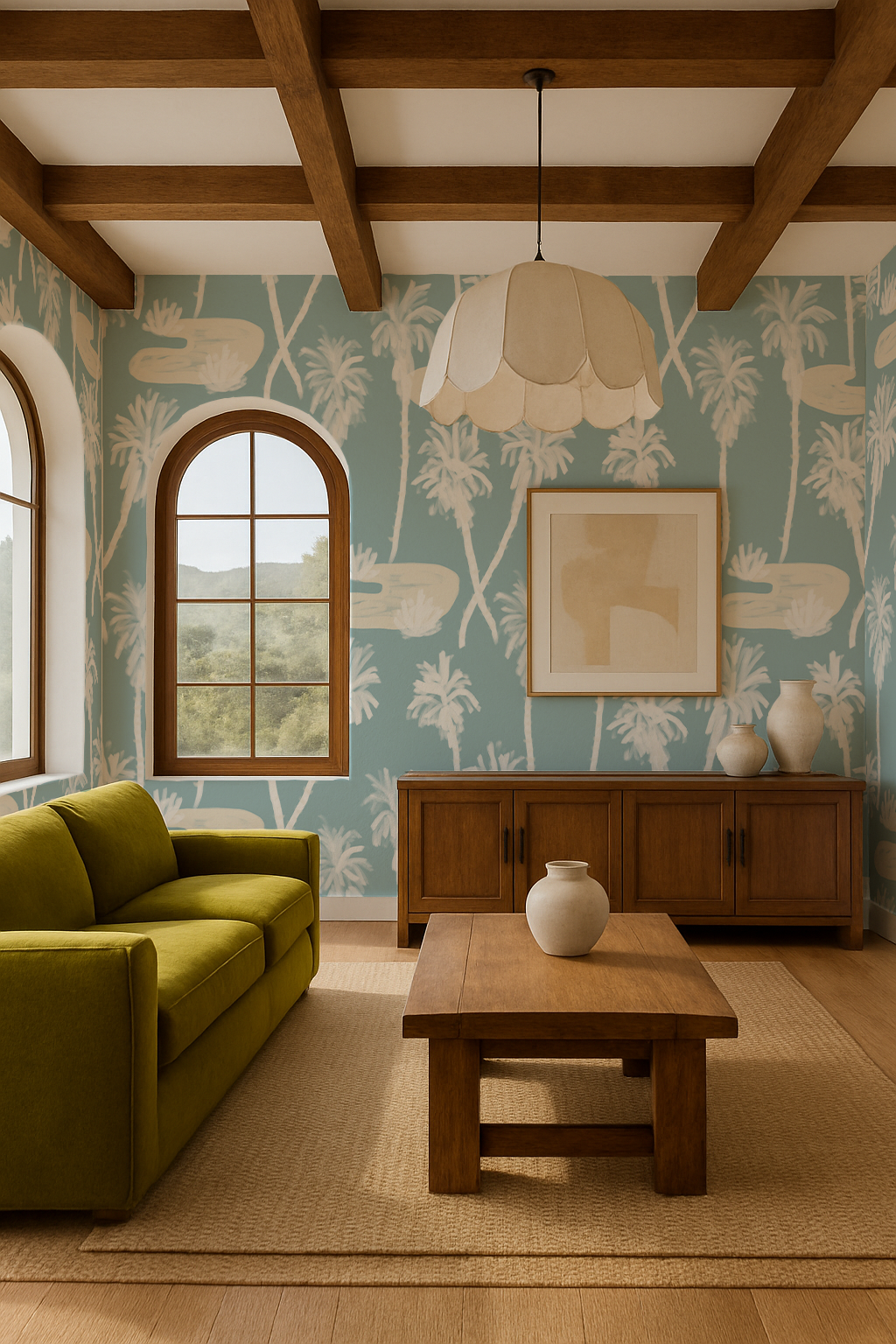 Papel pintado Palm Oasis, azul y blanco