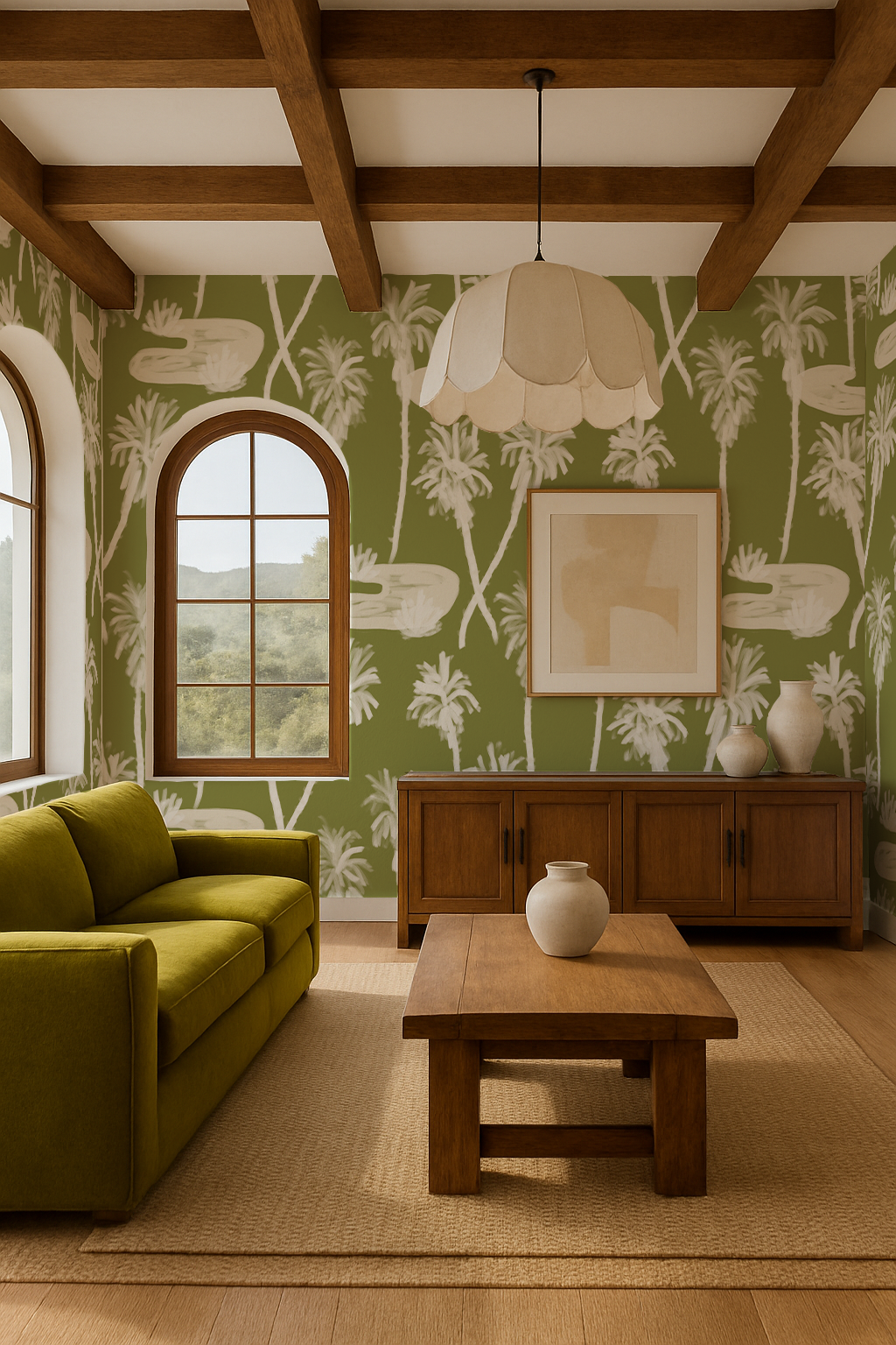 Papier peint Palm Oasis, vert olive et blanc
