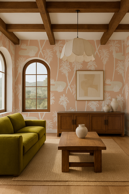 Palm Oasis Wallpaper, peach and white