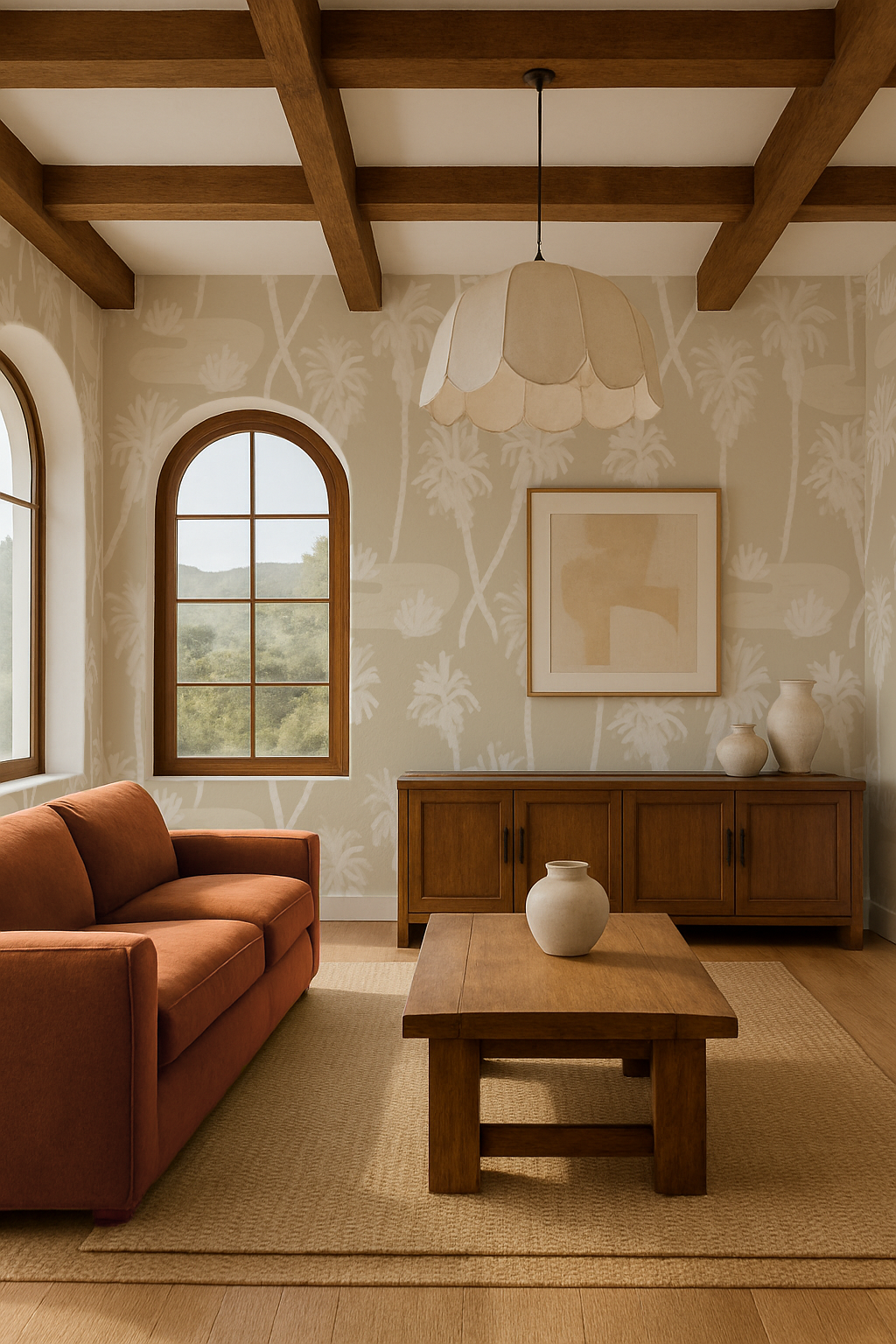 Palm Oasis Wallpaper, white and tan