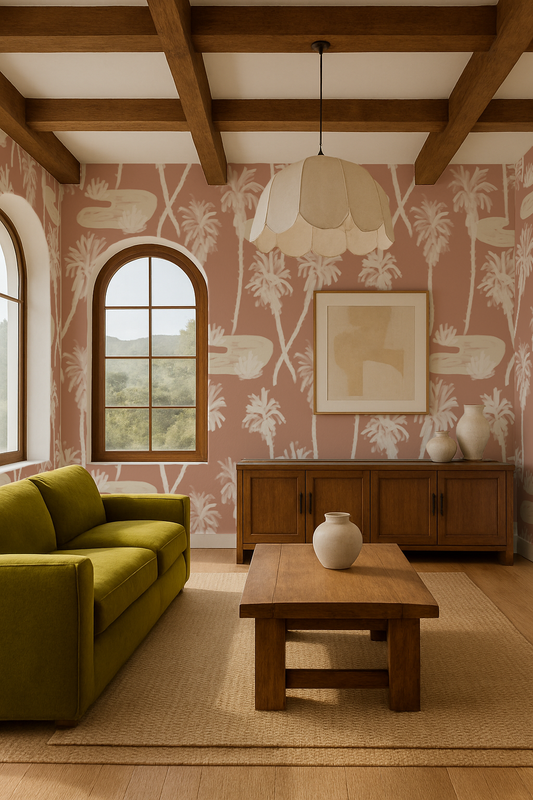 Palm Oasis Wallpaper, terra cotta and white - Tampa Home & Garden Store