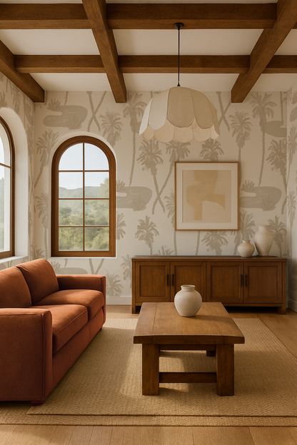 Palm Oasis Wallpaper, neutral and white