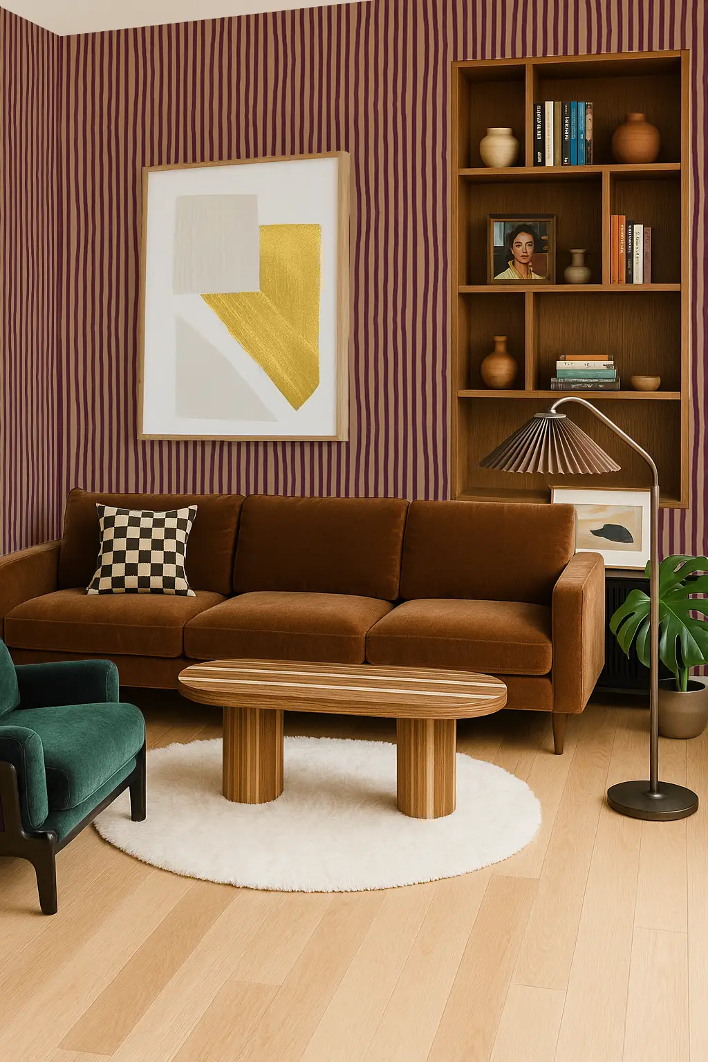 Dolce Stripe Wallpaper in Peach and Eggplant on a purple striped living room wall on Tampa Home & Garden Store