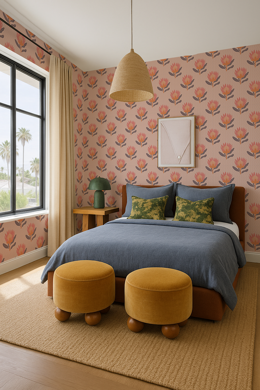King Protea Wallpaper, coral and orange - Tampa Home & Garden Store