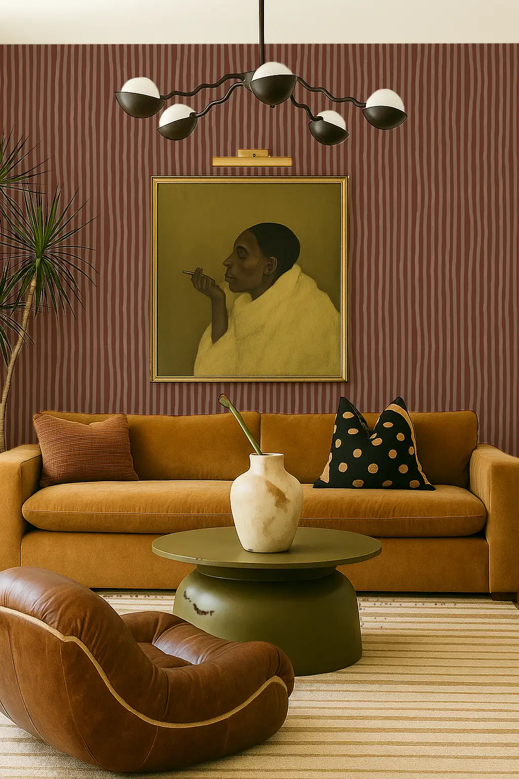 Dolce Stripe Wallpaper Brown and Peach wallcovering with mustard sofa on Tampa Home & Garden Store