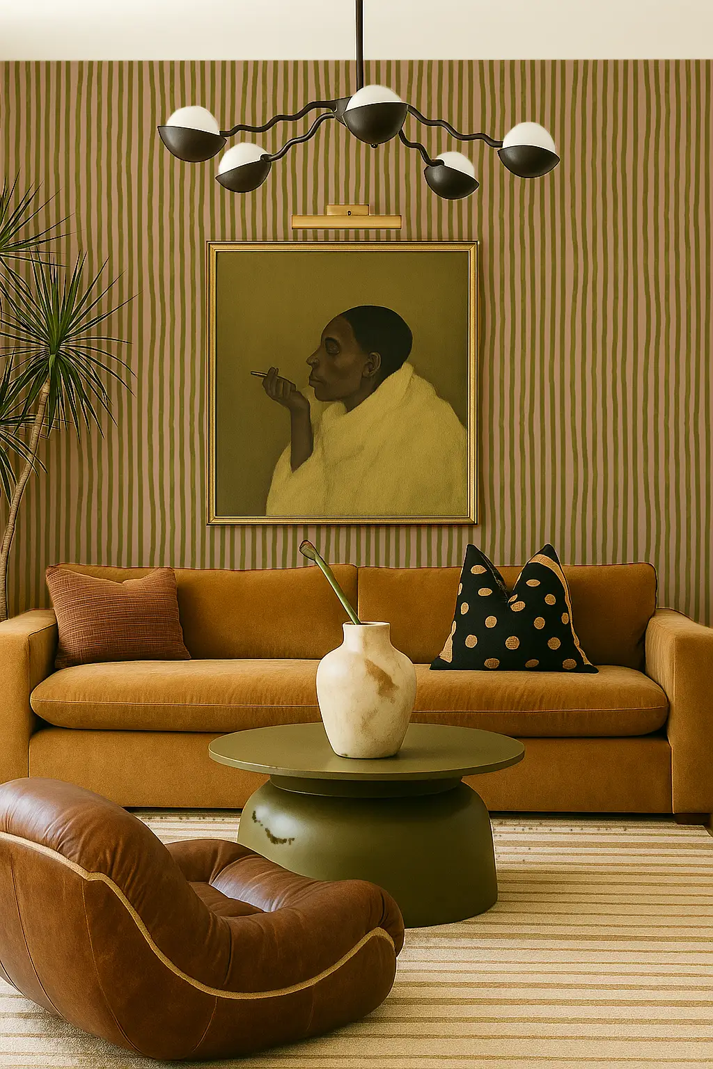 Dolce Stripe Wallpaper Peach and Chartreuse vertical stripes in a living room on Tampa Home & Garden Store