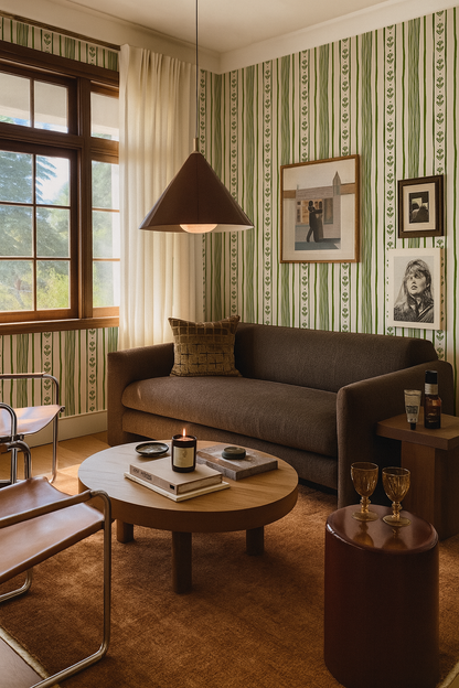 Daisy Chain Stripe Wallpaper, beige and green