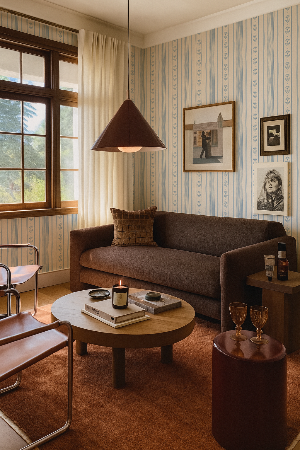 Daisy Chain Stripe Wallpaper, beige and light blue