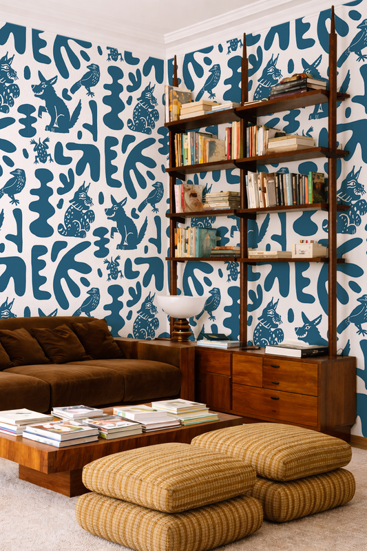Abstract Animales Wallpaper, white & blue - Tampa Home & Garden Store