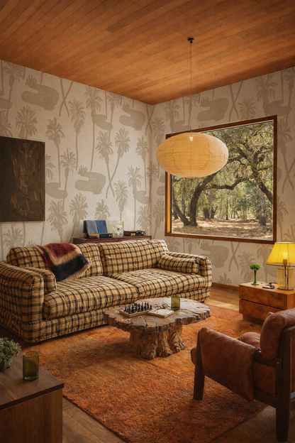 Palm Oasis Wallpaper, neutral and white