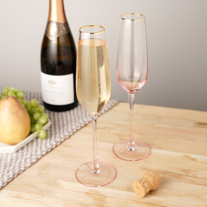 Rose Crystal Champagne Flutes with Gold Rim