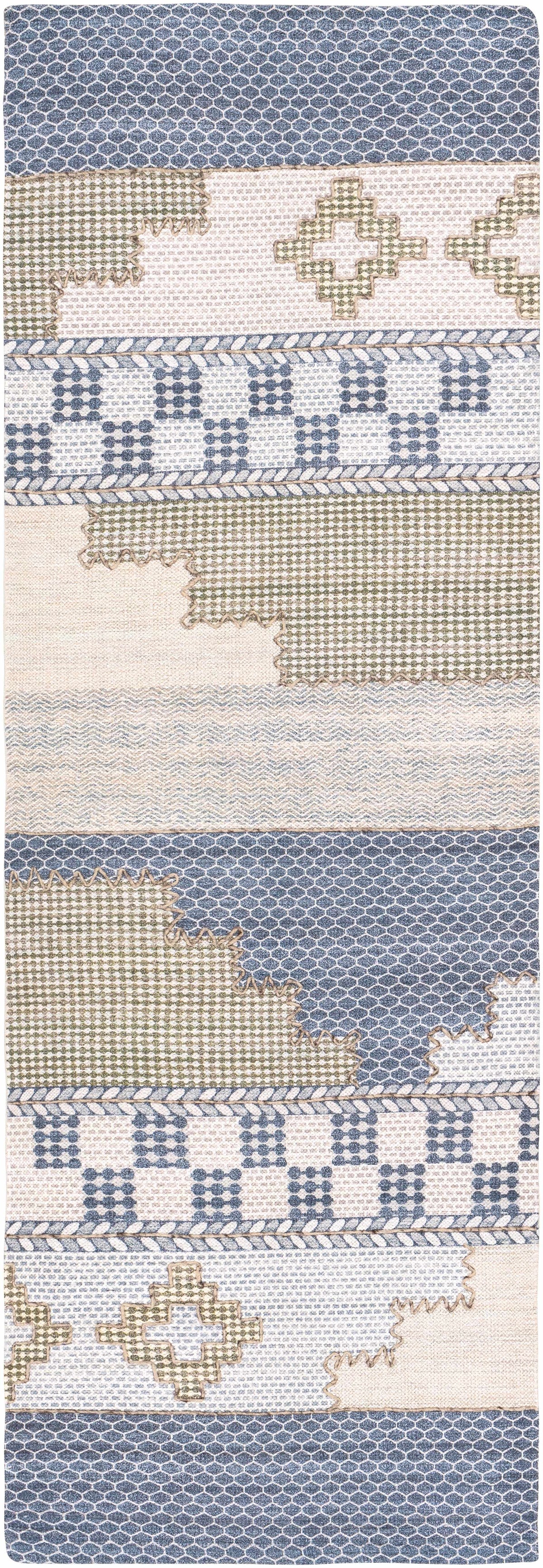 Llansteffan Carpet rug by Boutique Rugs in blue and beige patchwork with geometric motifs on Tampa Home & Garden Store