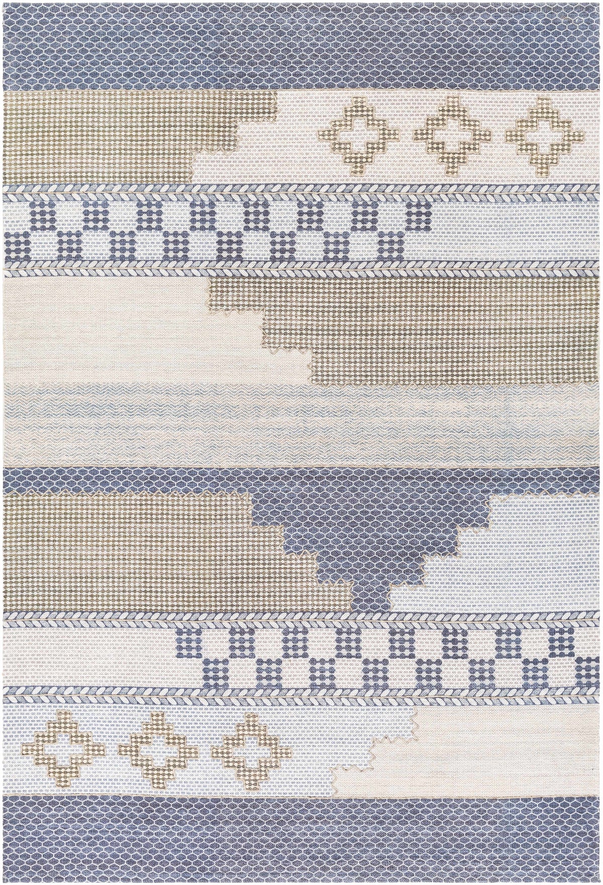 Llansteffan Carpet rug with blue beige patchwork design and geometric accents on Tampa Home & Garden Store