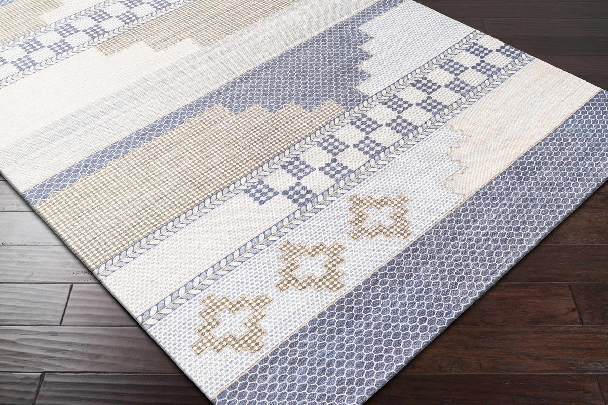 Rug Llansteffan Carpet blue beige geometric patchwork by Boutique Rugs on Tampa Home & Garden Store