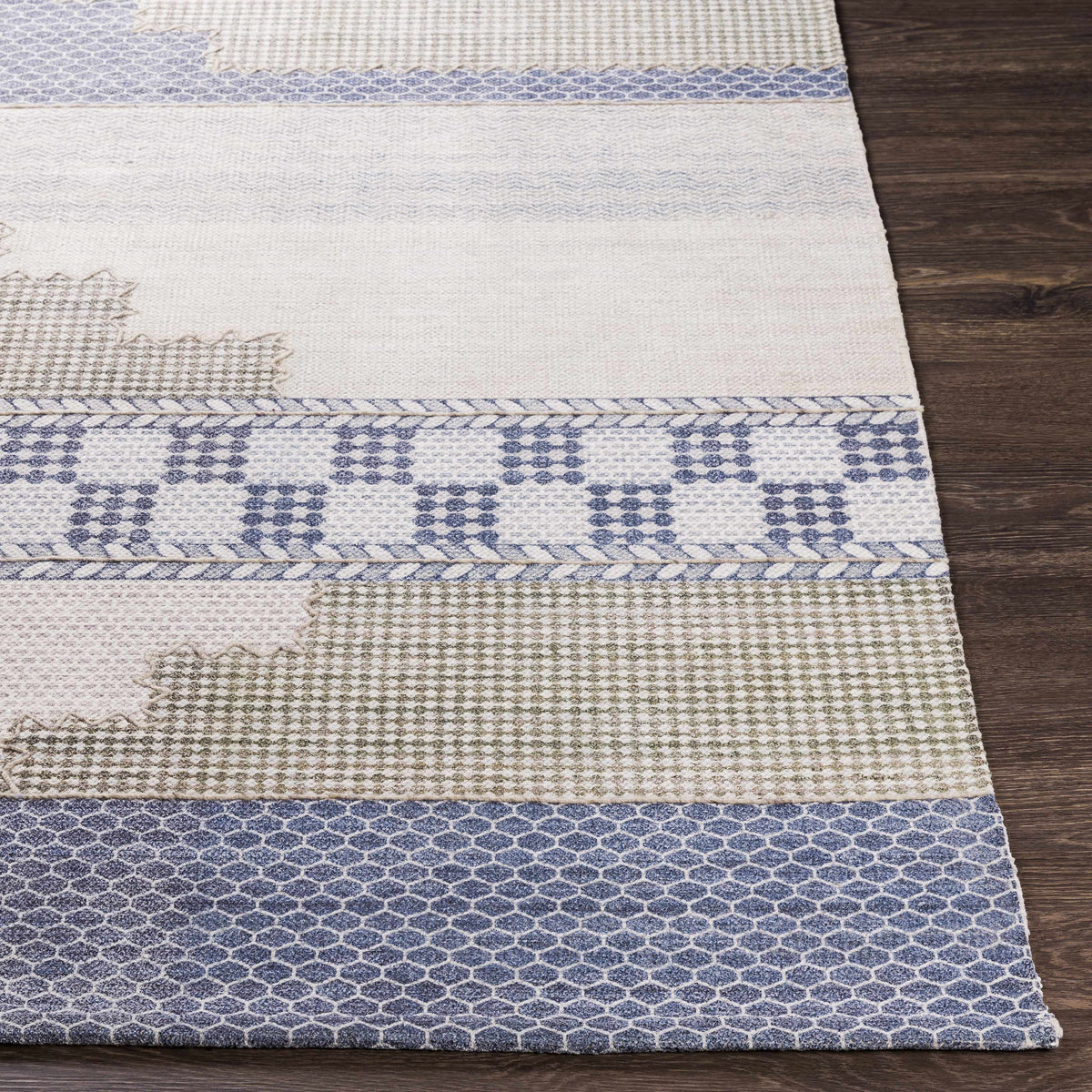 Llansteffan Carpet rug cream beige with blue geometric border by Boutique Rugs on Tampa Home & Garden Store