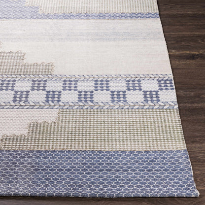 Llansteffan Carpet rug cream beige with blue geometric border by Boutique Rugs on Tampa Home & Garden Store