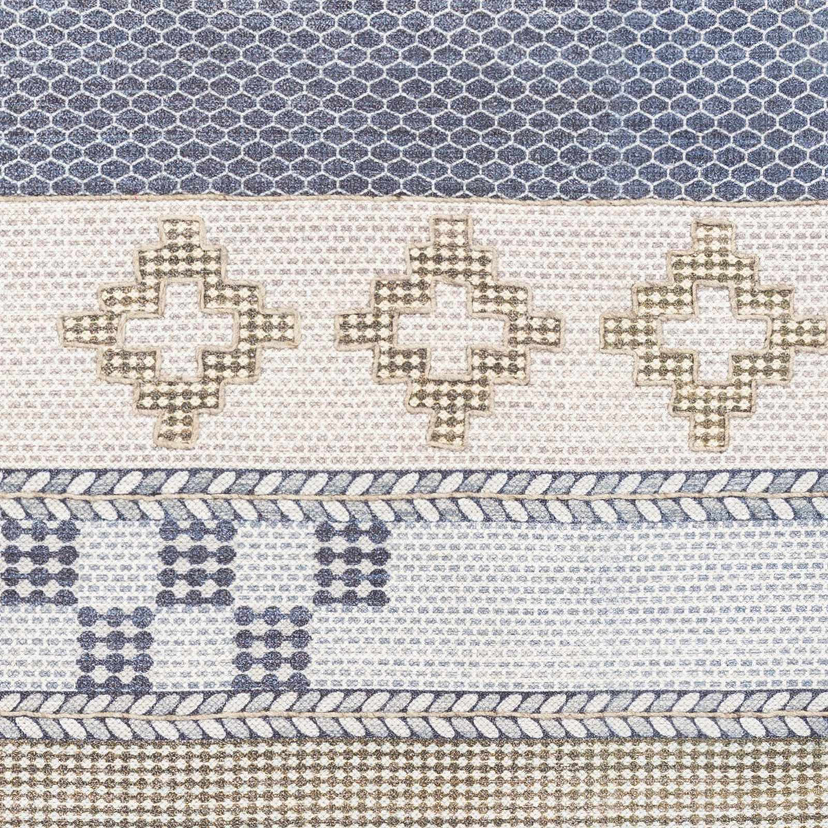 Llansteffan Carpet rug by Boutique Rugs, blue and cream geometric cross motifs with border on Tampa Home & Garden Store