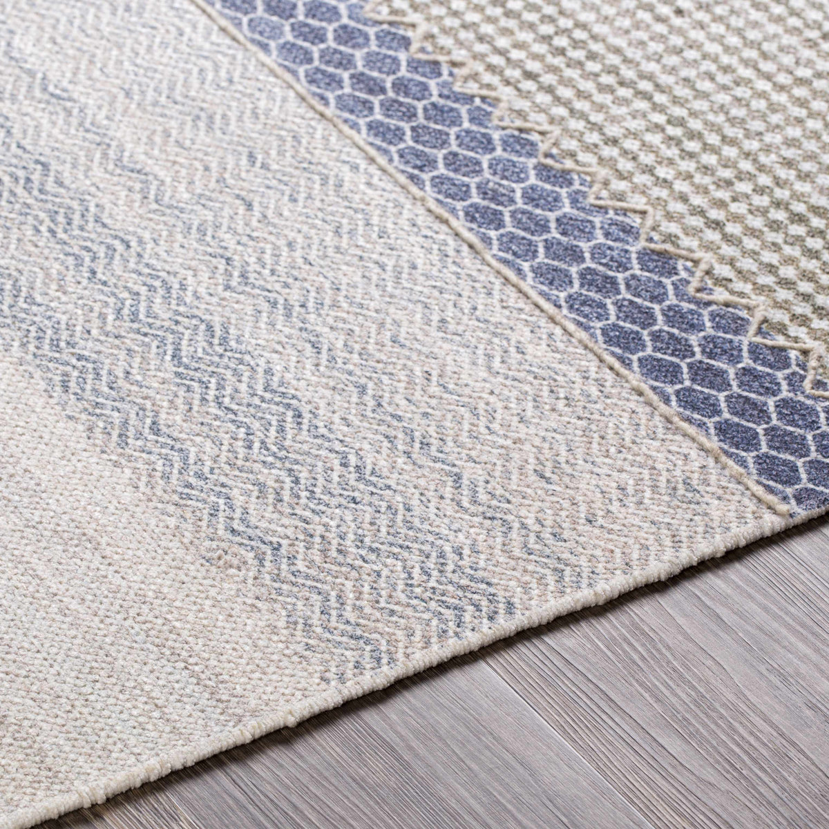 Llansteffan Carpet rug beige field with blue patchwork panel Boutique Rugs on Tampa Home & Garden Store