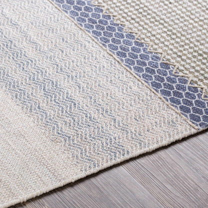 Llansteffan Carpet rug beige field with blue patchwork panel Boutique Rugs on Tampa Home & Garden Store