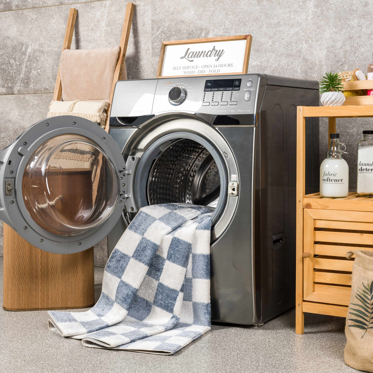 Brone Blue Checkered Washable Rug Boutique Rugs in laundry room beside front-loading washer on Tampa Home & Garden Store