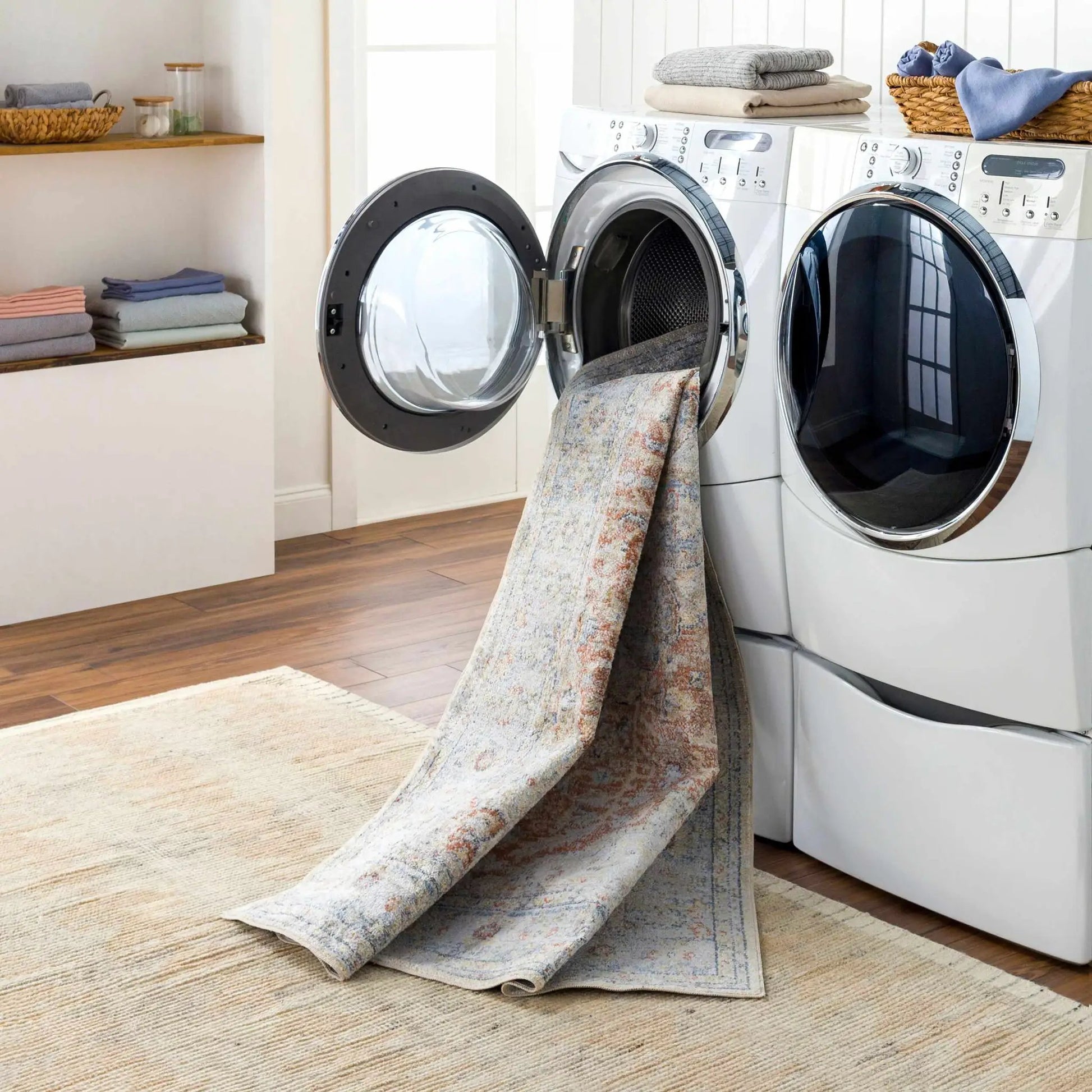 Emke Flat Pile Washable Rug by Boutique Rugs, cream beige color on laundry room floor on Tampa Home & Garden Store