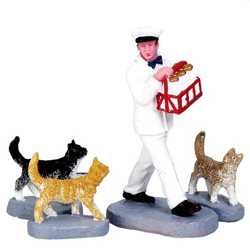 Merry Milkman 4 Piece Set figurine white milkman with red crate and three pets on gray base on Tampa Home & Garden Store