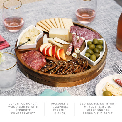 Acacia Rotating Charcuterie Board and Ceramic Dishes