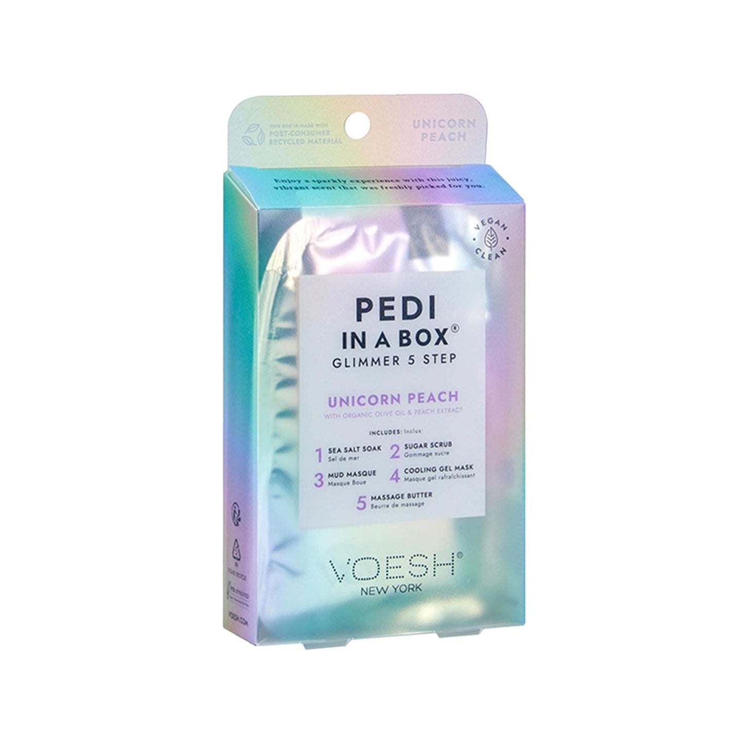 Pedi in a Box Glimmer 5 Step Unicorn Peach foot care set by Voesh New York, holographic box on Tampa Home & Garden Store