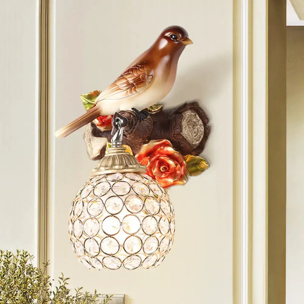 Brown Bird Wall Sconce with Crystal Globe Shade by Decorbites on Tampa Home & Garden Store