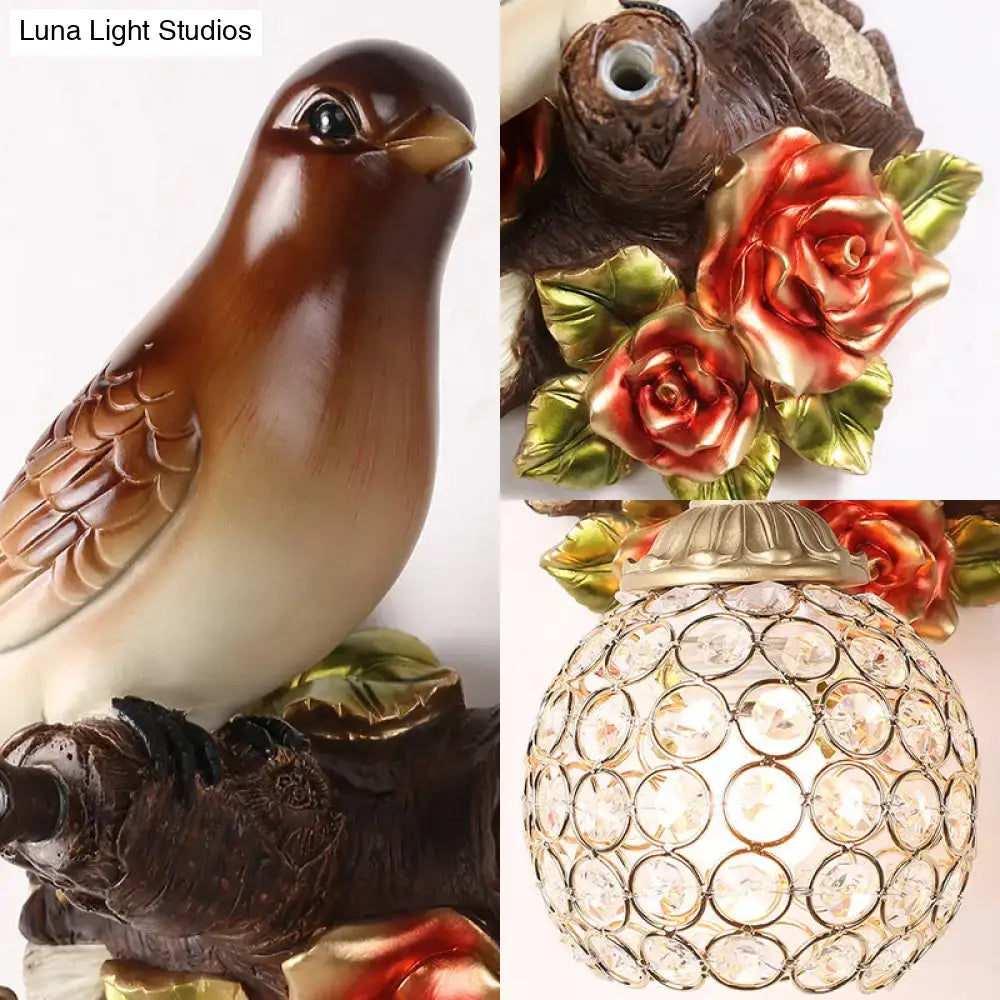 Brown Bird Wall Sconce by Decorbites with crystal globe shade and rose accents on Tampa Home & Garden Store
