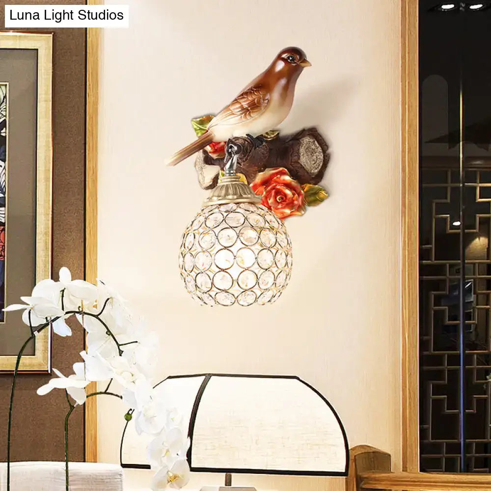 Brown Bird Wall Sconce with crystal globe shade by Decorbites on Tampa Home & Garden Store
