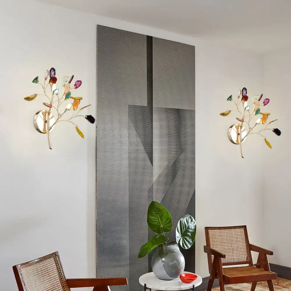 Decorbites Gold Branch Wall Sconces, pair of two-light fixtures with colored crystal accents on Tampa Home & Garden Store
