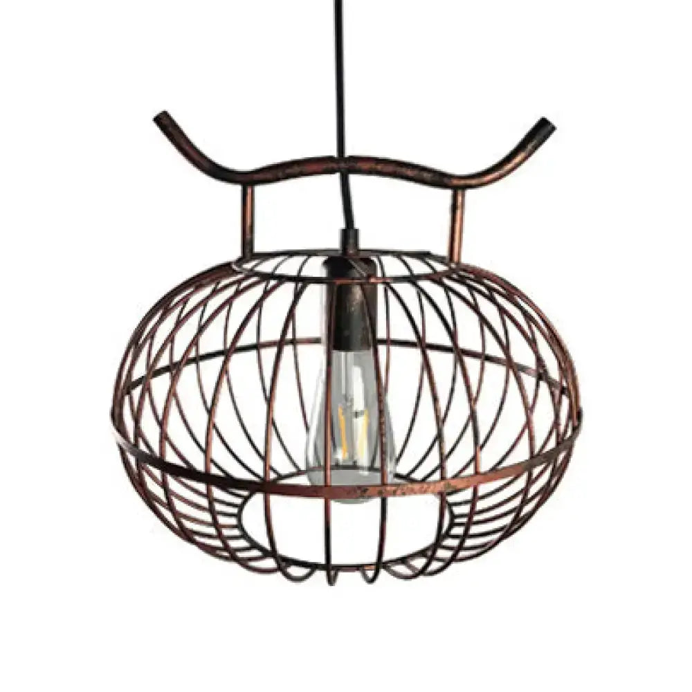 Pendant light Lodge rust & aged brass lantern design wire cage with exposed bulb Decorbites on Tampa Home & Garden Store