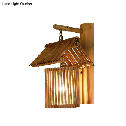 Wooden House Shaped Wall Light Sconce - Lodge Style Bamboo Lamp for Balcony