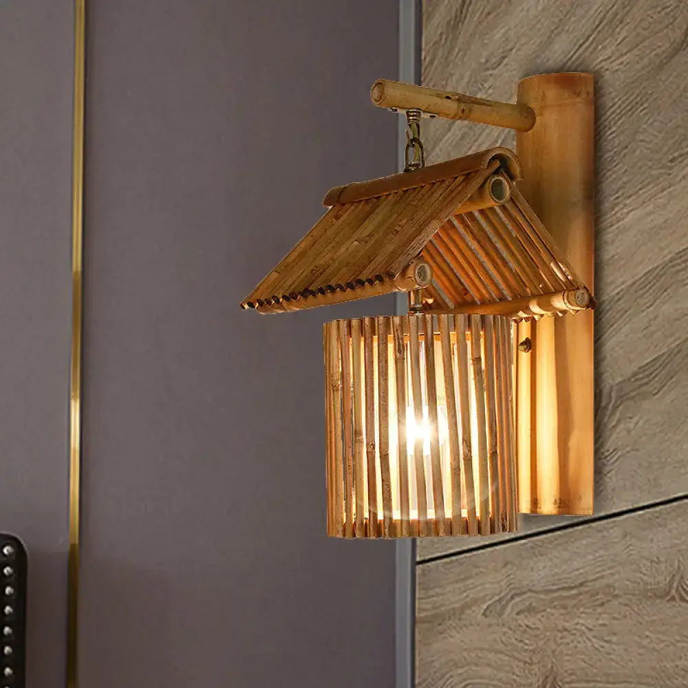 Wooden House Shaped Wall Light Sconce - Lodge Style Bamboo Lamp for Balcony