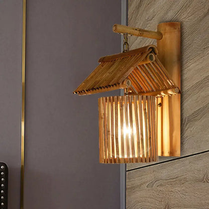 Wooden House Shaped Wall Light Sconce - Lodge Style Bamboo Lamp for Balcony