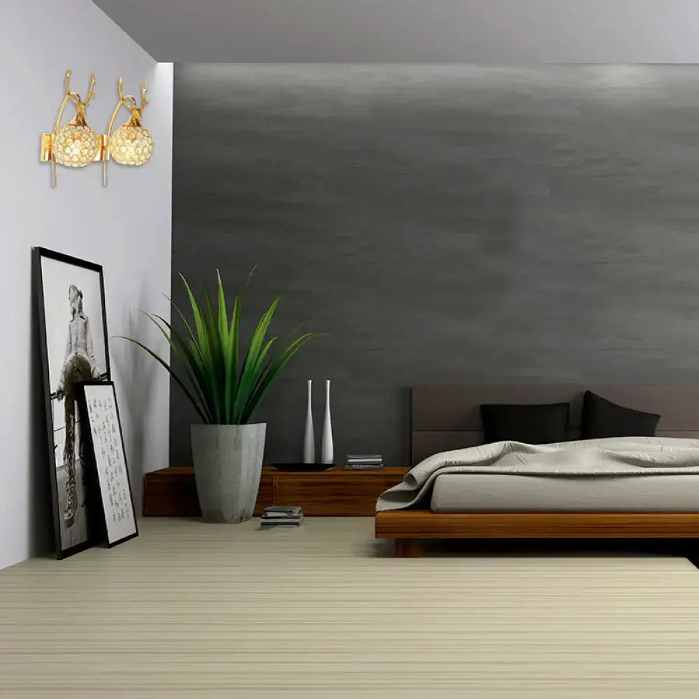 Chrome deer wall sconces with crystal domes, 1-2 light, modern bedroom pair on Tampa Home & Garden Store