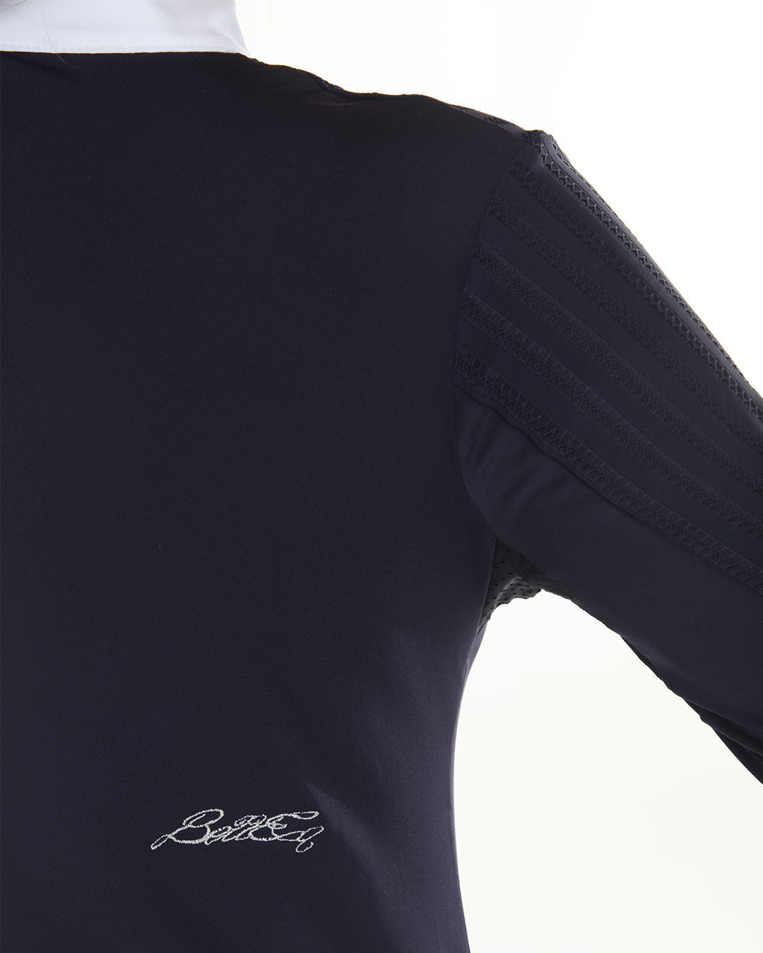 Lolly Show Shirt Long Sleeve navy equestrian show shirt by BellEq with textured striped sleeves and BellEq embroidery on back on Tampa Home & Garden Store